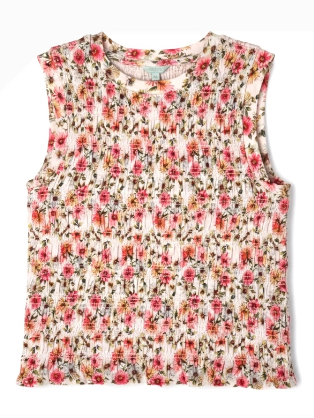 GUESS Claire Smock Tank Top Floral Sleeveless Cropped Ruffle Blouse Size XL NWT